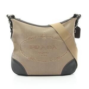 Prada LOGO JACQUARD Shoulder Bag Canvas Beige Black